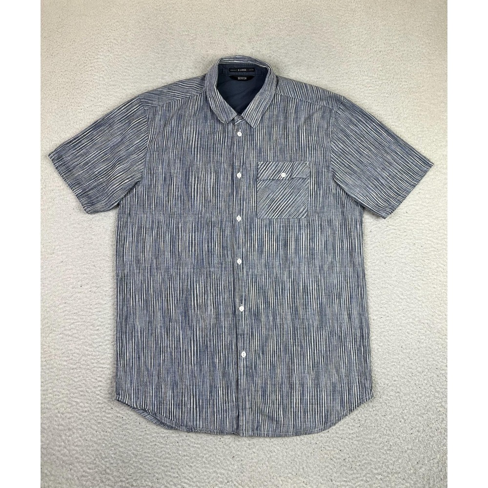 KR3W Shirt Mens XL Blue Striped Short Sleeve 100% Cotton Button Up Casual